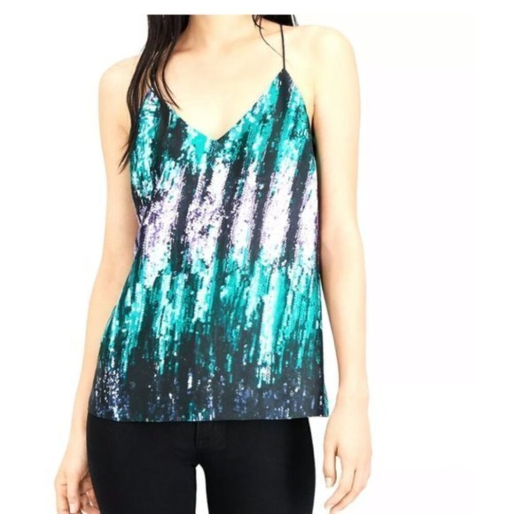 BAR III Printed Sequin Disco Glam Satin Top. S, M